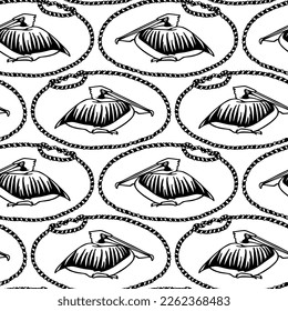 Vector seamless pattern with hand drawn graceful pelicans in nautical rope frames. Ink drawing, decorative graphic style. Beautiful animal design elements, perfect for prints and patterns