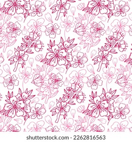 Vector seamless pattern with hand drawn twigs and sakura flowers on a white background. Cherry blossoms. wedding pattern, floral pattern for printing on fabric, clothing, wrapping paper.