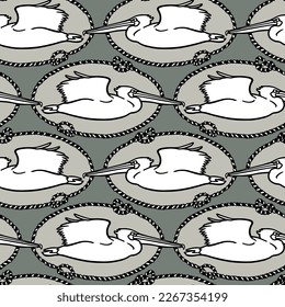 Vector seamless pattern with hand drawn graceful flying pelicans in nautical rope frames. Ink drawing, decorative graphic style. Beautiful animal design elements, perfect for prints and patterns