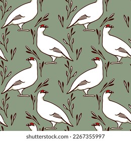 Vector seamless pattern with hand drawn sweet rock ptarmigan with  graceful twigs. Ink drawing, graphic style. Beautiful northern nature design elements, perfect for prints and patterns