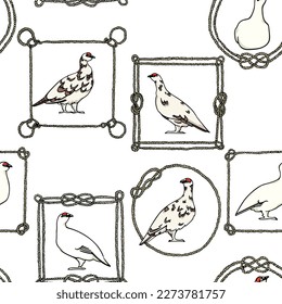 Vector seamless pattern with hand drawn group of rock ptarmigans with red eyebrows in rope frames. Ink drawing, decorative graphic style. Beautiful design elements, perfect for prints and patterns