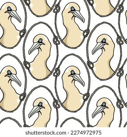 Vector seamless pattern with hand drawn gorgeous Gannet in nautical rope frame. Ink drawing, decorative graphic style. Beautiful design elements, perfect for prints and patterns