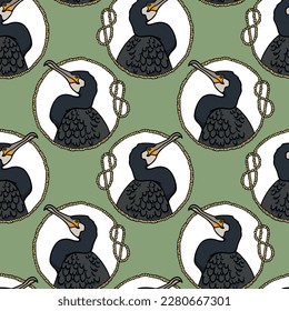 Vector seamless pattern with hand drawn gorgeous Great Cormorant in nautical rope frame. Ink drawing, decorative graphic style. Beautiful design elements, perfect for prints and patterns