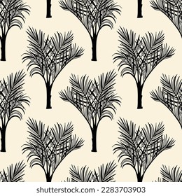 Vector seamless pattern with hand drawn graceful palm trees. Ink drawing, graphic style. Beautiful vintage floral design element, perfect for prints and patterns