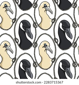 Vector seamless pattern with hand drawn gorgeous Gannet and graceful Canada Goose in nautical rope frame. Ink drawing, decorative style. Beautiful design elements, perfect for prints and patterns