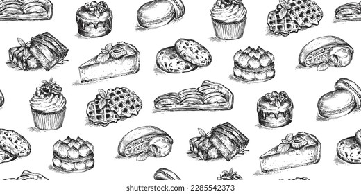 Vector seamless pattern with hand drawn desserts in sketch style.