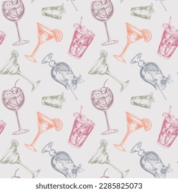 Vector seamless pattern with hand drawn cocktails in sketch style.