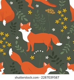 vector seamless pattern with hand drawn cute foxes in various poses and forest plant. animal pattern in flat style.