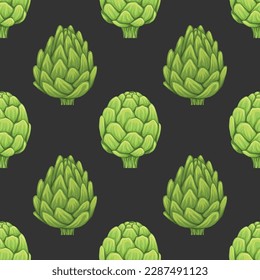 Vector seamless pattern with  hand drawn artichokes on dark background. Texture with cartoon head of cabbage healthy vegetables. Natural healthy food background for wallpaper and fabric.