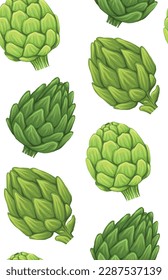 Vector seamless pattern with hand drawn artichokes on white background. Texture with cartoon head of cabbage healthy vegetables. Natural healthy food background for wallpaper and fabric.