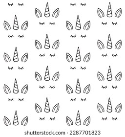Vector seamless pattern of hand drawn doodle sketch unicorn face isolated on white background