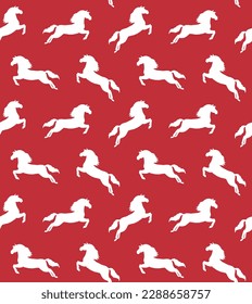 Vector seamless pattern of hand drawn sketch dressage horse jumping silhouette isolated on red background