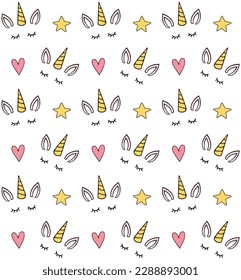 Vector seamless pattern of hand drawn sketch doodle colored unicorn face isolated on white background