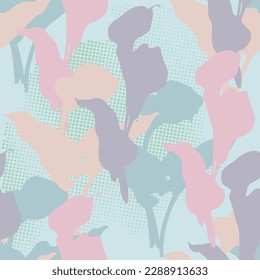 Vector seamless pattern with hand drawn calla branches and leaves on background. Elegant design for print, fabric, wallpaper, card, invitation, cosmetic products package