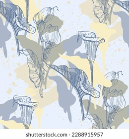Vector seamless pattern with hand drawn calla branches and leaves on background. Elegant design for print, fabric, wallpaper, card, invitation, cosmetic products package