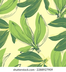 Vector seamless pattern with hand drawn jojoba branches and leaves on background. Elegant design for print, fabric, wallpaper, card, invitation, cosmetic products package