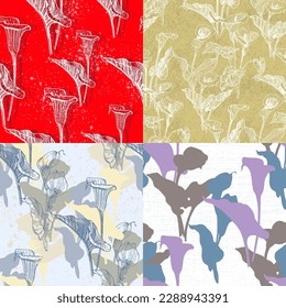 Vector seamless pattern with hand drawn calla branches and leaves on background. Elegant design for print, fabric, wallpaper, card, invitation, cosmetic products package