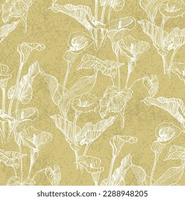 Vector seamless pattern with hand drawn calla branches and leaves on background. Elegant design for print, fabric, wallpaper, card, invitation, cosmetic products package