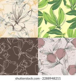 Vector seamless pattern with hand drawn jojoba branches and leaves on background. Elegant design for print, fabric, wallpaper, card, invitation, cosmetic products package