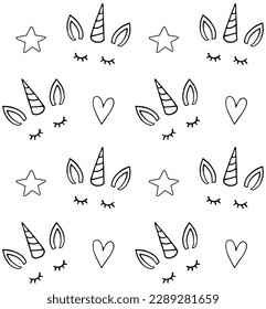 Vector seamless pattern of hand drawn sketch doodle unicorn face isolated on white background