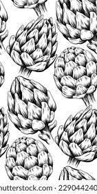Vector seamless pattern with hand drawn artichokes on white background. Texture with sketch of cabbage healthy vegetables with hatching. Monochrome natural healthy food background for wallpaper 