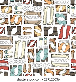Vector seamless pattern with hand drawn and fashionable shoes for women. Background for use in design, web site, packing, textile, fabric