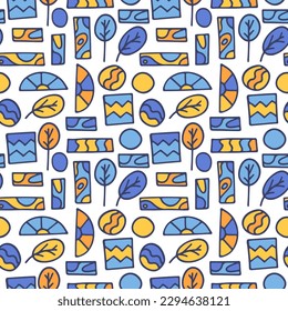 Vector seamless pattern of hand drawn geometric shapes, plants. Flat abstract background from decorative doodle natural elements, wallpaper. Modern print for textiles, fabric