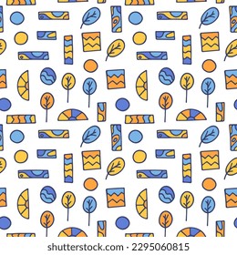 Vector seamless pattern of hand drawn geometric shapes, plants. Flat abstract background from decorative doodle natural elements, wallpaper. Modern print for textiles, 
fabric