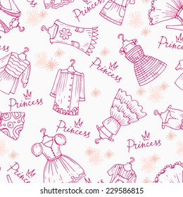 Vector seamless pattern and hand drawn clothes for little girls white background  Background for use in design  web site  packing  textile  fabric