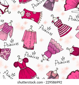 Vector seamless pattern and hand drawn clothes for little girls  Background for use in design  web site  packing  textile  fabric