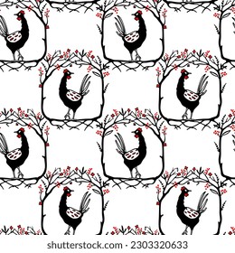 Vector seamless pattern with hand drawn cute funny chickens in graceful floral wreath with red berries. Beautiful ink drawing, graphic style. Perfect elements for food or farming design.