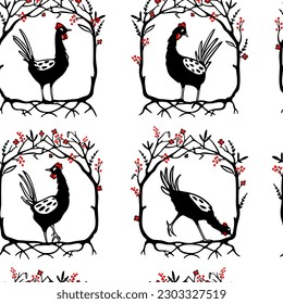 Vector seamless pattern with hand drawn cute funny chickens in graceful floral wreath with red berries. Beautiful ink drawing, graphic style. Perfect elements for food or farming design.