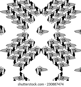 Vector seamless pattern with hand drawn ducks. Black and white.