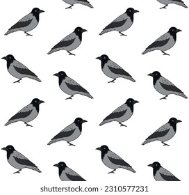 Vector seamless pattern of hand drawn doodle sketch colored crow isolated on white background