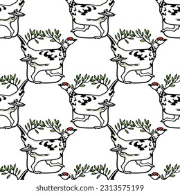 Vector seamless pattern with hand drawn hasting motley rock ptarmigan in leafy floral wreath. Ink drawing. Beautiful wild nature design elements, perfect for prints and patterns