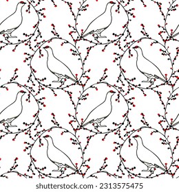 Vector seamless pattern with hand drawn rock ptarmigan with red eyebrows in floral red berries  wreath. Ink drawing, graphic style. Beautiful nature design elements, perfect for prints and patterns