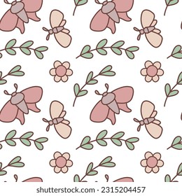 Vector seamless pattern with hand drawn night butterflies, leaves, flowers. Illustration for fabric, textile, background, wallpaper, wrapping paper