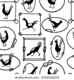 Vector seamless pattern with hand drawn cute funny chickens in nautical rope frames. Beautiful ink drawing, graphic style. Perfect for food or farming prints and patterns.