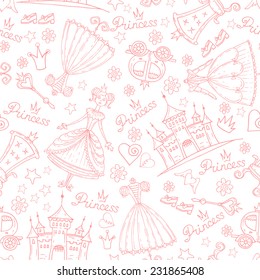 Vector seamless pattern with hand drawn symbols of little princess on white background. Background for use in design, web site, packing, textile, fabric