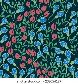 Vector seamless pattern with hand drawn leaves and flowers. Floral design elements. Cool and calm vintage colors.