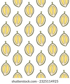 Vector seamless pattern of hand drawn doodle sketch colored durian fruit isolated on white background