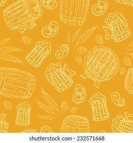 Vector seamless pattern with hand drawn beer mugs and barrels. Background for use in design, web site, packing, textile, fabric
