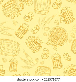 Vector seamless pattern with hand drawn symbols of beer with mugs and barrels. Background for use in design, web site, packing, textile, fabric