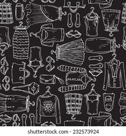 Vector seamless pattern with hand drawn skirts, blouses and accessories on black background. Background for use in design, web site, packing, textile, fabric