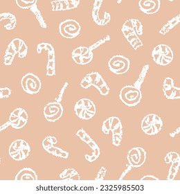 Vector seamless pattern with hand drawn elements, chalk texture. Cute design for Christmas wrappings, textile and backgrounds.