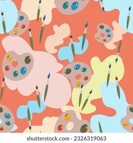 Vector seamless pattern with hand drawn artist's items - colors, pencils, brushes. Tools for the painter. A trending hobby. drawing school. 