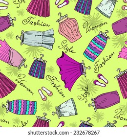 Vector seamless pattern with hand drawn, fashionable skirts and shoes. Background for use in design, web site, packing, textile, fabric
