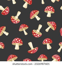 Vektornahes Muster mit handgezeichneten Cartoon-Flachmatratzen auf schwarzem Hintergrund. Amanita Muscaria, Fly Agaric Illustration, Pilzsammlung. Magisches Pilzsymbol, Design-Vorlage