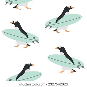 Vector seamless pattern of hand drawn flat penguin with surfboard isolated on white background