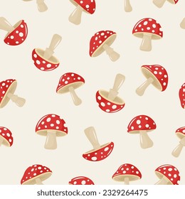 Vector Seamless Pattern with Hand Drawn Cartoon Flat Mushrooms on White Background. Amanita Muscaria, Fly Agaric Illustration, Mushrooms Collection. Magic Mushroom Symbol, Design Template